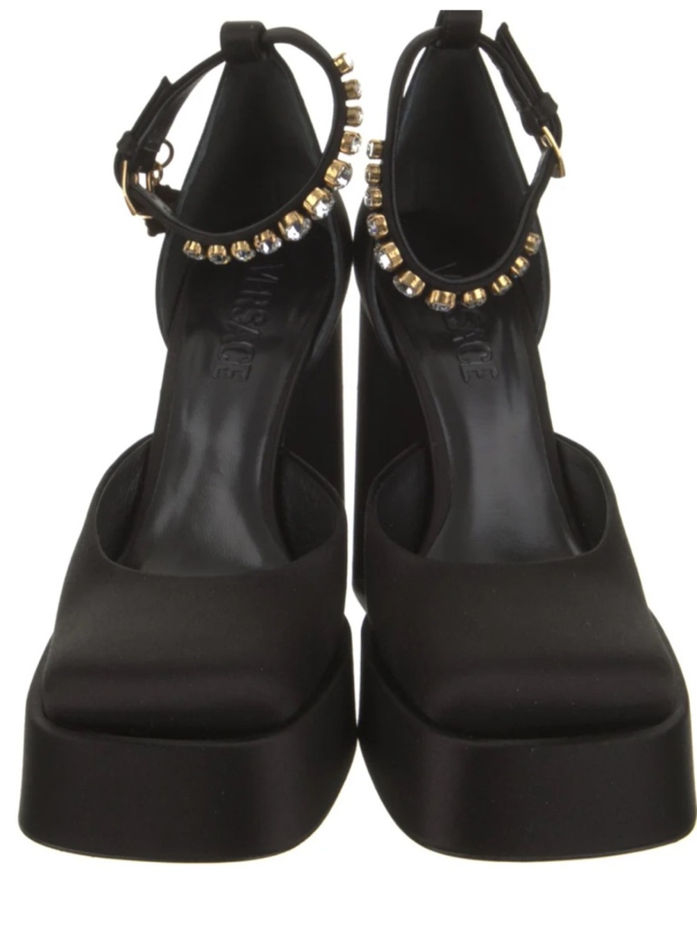 Versace Black Platform Block Heel Ankle-Strap Pumps with Crystal Detail - Picture 3 of 5